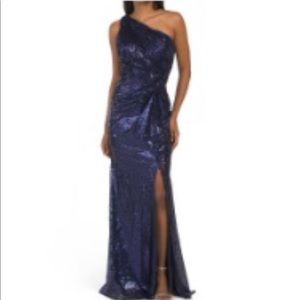 Rene Ruiz one shoulder drape sequin gown blue NWT size 10